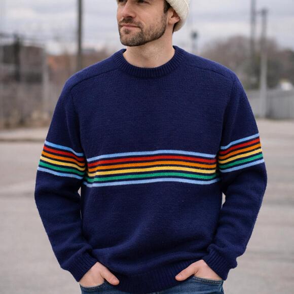 Vintage 80s Sears Rainbow Stripe Wool Crewneck Sweater Made in Canada 38/40 - Picture 3 of 7